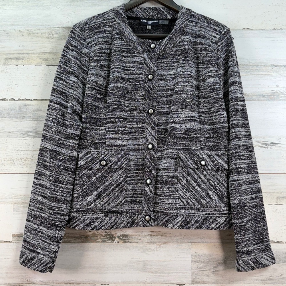 Karl Lagerfeld Paris XL Black White Tweed Pearl Button Sweater Cardigan NEW Chic